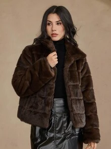 DAZY 女式立领短款仿皮草外套 - 棕色 - 查看 3