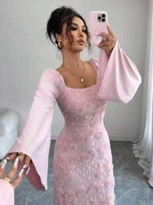 Selianne Đầm nữ cổ vuông tay loe họa tiết hoa thanh lịch - Hồng - Xem 3