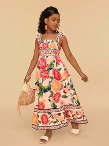 SHEIN 少女花卉印花优雅无袖连衣裙，夏日假期