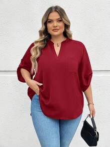 SHEIN CURVE+ 加大码卷舌袖黑色衬衫，优雅、度假、基本款 - 酒紅色 - 查看 6