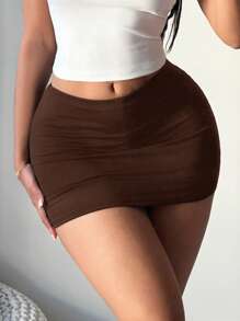 SHEIN SXY 女式黑色性感休闲迷你紧身裙（含紧身裤） - 棕色 - 查看 4