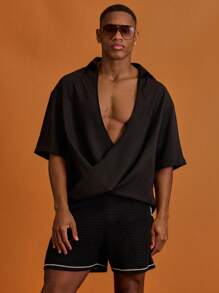 Musero Draped Chiffon V-Neck Short Sleeve Shirt Summer Holiday Vacation - Black - View 1