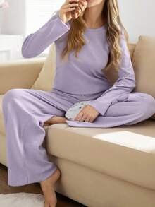 SHEIN Cottnline Plus Size Women Rib Knit With Round Neck Long Sleeve Shirt&Pants Homewear Comfort Lounge Pajama Set - Lilac Purple - View 3