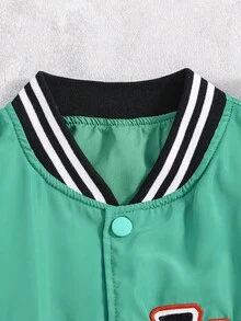 Girls' Minimalist Fashion Cool Embroidery Woven Baseball Jacket Cardigan With Snap Buttons Girls Letterman Jacket Varsity S Girls Bomber Jacket Girls Satin Jacket Varsity Jacket Girls - Green - View 5