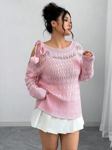 Elenzga Suéter de punto de manga larga con hombros descubiertos, cordones y calado, talla grande - Rosa - Ver 6