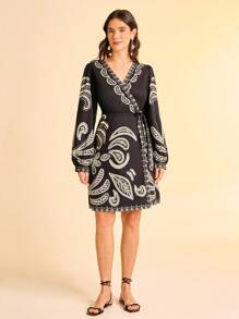 CAJUNI Vestido corto casual de manga larga con estampado para vacaciones de mujer - Multicolor - Ver 3