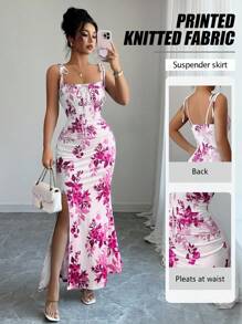 Elenzga Gaun Wanita Terbaru dengan Tali Bahu Tipis, Ikat Pita di Pinggang, Hem Bergelombang, dan Belahan, Serbaguna untuk Kencan, Pesta, dan Pakaian Sehari-hari, Menawan dan Elegan - Hot Pink - View 8