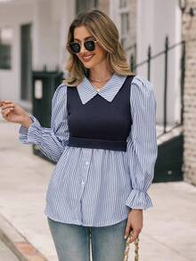 EMERY ROSE Ladies" Fashionable Elegant Blue And White Striped Top - Blue - View 3