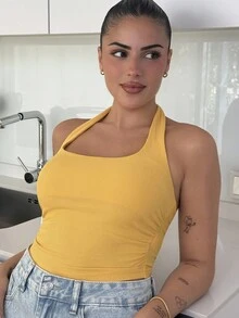 Lucia Bellido Camiseta de tirantes de cuello halter de unicolor para mujer, de verano - Amarillo - Ver 6