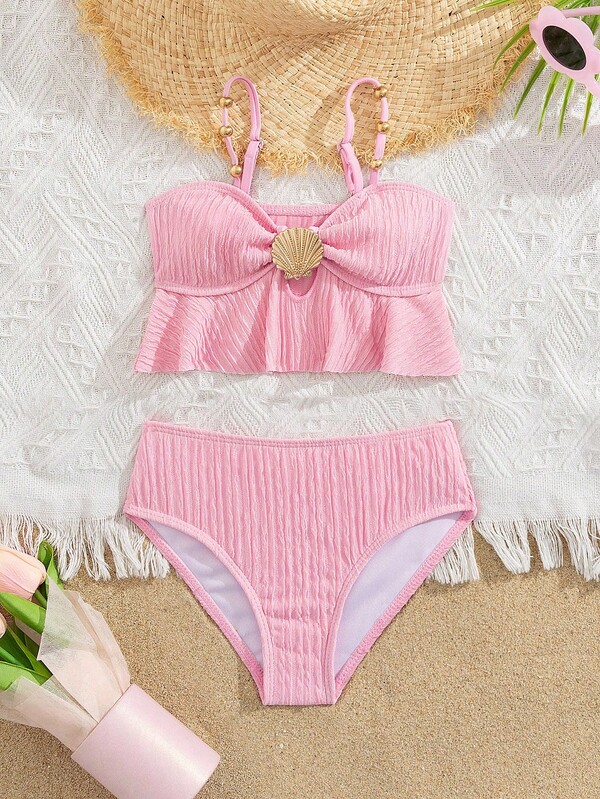 2pcs/Set Cute Solid Color Girls Young Girl Swimsuit For Beach/Holiday