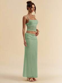 SHEIN BAE 女士蕾丝露背吊带背心和半身裙两件套，夏季 - 薄荷綠 - 查看 4