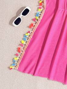 SHEIN 1pc Teen Girl Fashion Fringed Trim Romper - Watermelon Pink - View 6