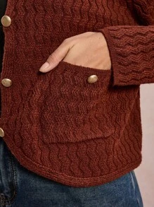 SHEIN VCAY Metal Buckle Knitted Women Cardigan Sweater, Round Neck Pockets, Autumn/Winter - Burgundy - View 6
