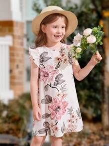 SHEIN Young Girl Floral Print Round Neck Ruffle Cap Sleeve A-Line Woven Dress - White - View 2