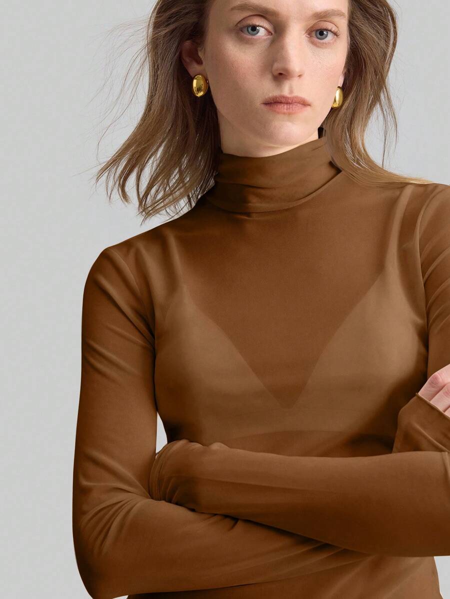 Ontre 2026 Spring/Summer New Women's Sheer Mesh Turtleneck Top, Minimalist Versatile Business Casual Office Wear - Brown - View 1