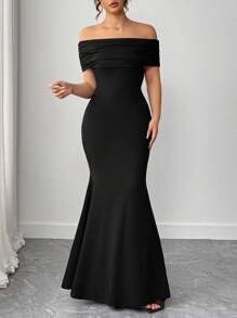 Elenzga فستان كاجوال للسيدات بحجم كبير بلون أحادي مكشوف الكتف / فستان صيفي مثير وأنيق بياقة مكشوفة الكتف مناسب وضيق - الأسود - مشاهدة 3