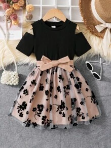 SHEIN Glamorique Kids 年輕女孩露肩短袖花卉網片拼接套頭裙,配上腰帶,適合淑女風格