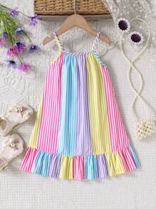 SHEIN Vestido de verano con tirantes y volante en el bajo, confeccionado en tejido de punto, con estampado digital de rayas rojas, adecuado para el uso diario, salidas, vacaciones y fiestas de niñas jóvenes - Multicolor - Ver 5