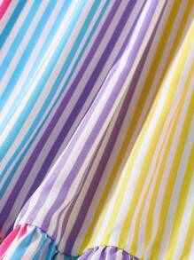 SHEIN Vestido de verano con tirantes y volante en el bajo, confeccionado en tejido de punto, con estampado digital de rayas rojas, adecuado para el uso diario, salidas, vacaciones y fiestas de niñas jóvenes - Multicolor - Ver 7