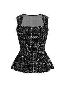 Ellevyn 2 件女士优雅黑色商务/通勤法式格子衬衫和裙子套装黑白格子教师装，老钱风格秋季女装套装，黑色正装，适合外出 - 黑色 - 查看 9