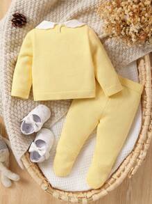 Souflis Souflis Baby Girl Collared Bow Decor Long Sleeve Top And Pants Set, Casual Resort Wear, Newborn Baby Girl Outfit Yellow, Knitted Baby Girl Clothes, Baby Girl Yellow Sweater Outfit, Lemon Yellow Baby Outfit, Baby Girl Going Home Outfit Winter
