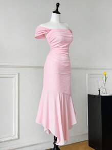 SHEIN MOD 大码女式露肩不对称下摆植绒网眼连衣裙，粉色 - 粉色 - 查看 2