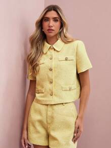 Enchnt 女士花卉纽扣短袖单排扣优雅夹克 - 黃色 - 查看 4