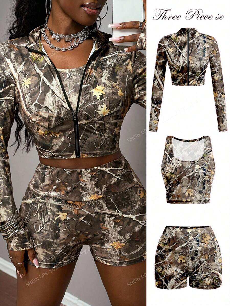 Slaydiva 女式夏季运动套装三件套：拉链高领修身长袖 T 恤夹克、无袖短款上衣、运动短裤、树枝印花 - 彩色 - 查看 1