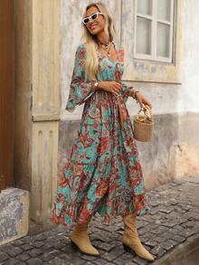 Brillora 女式V领荷叶边袖波西米亚风印花连衣裙，秋冬 - 彩色 - 查看 7