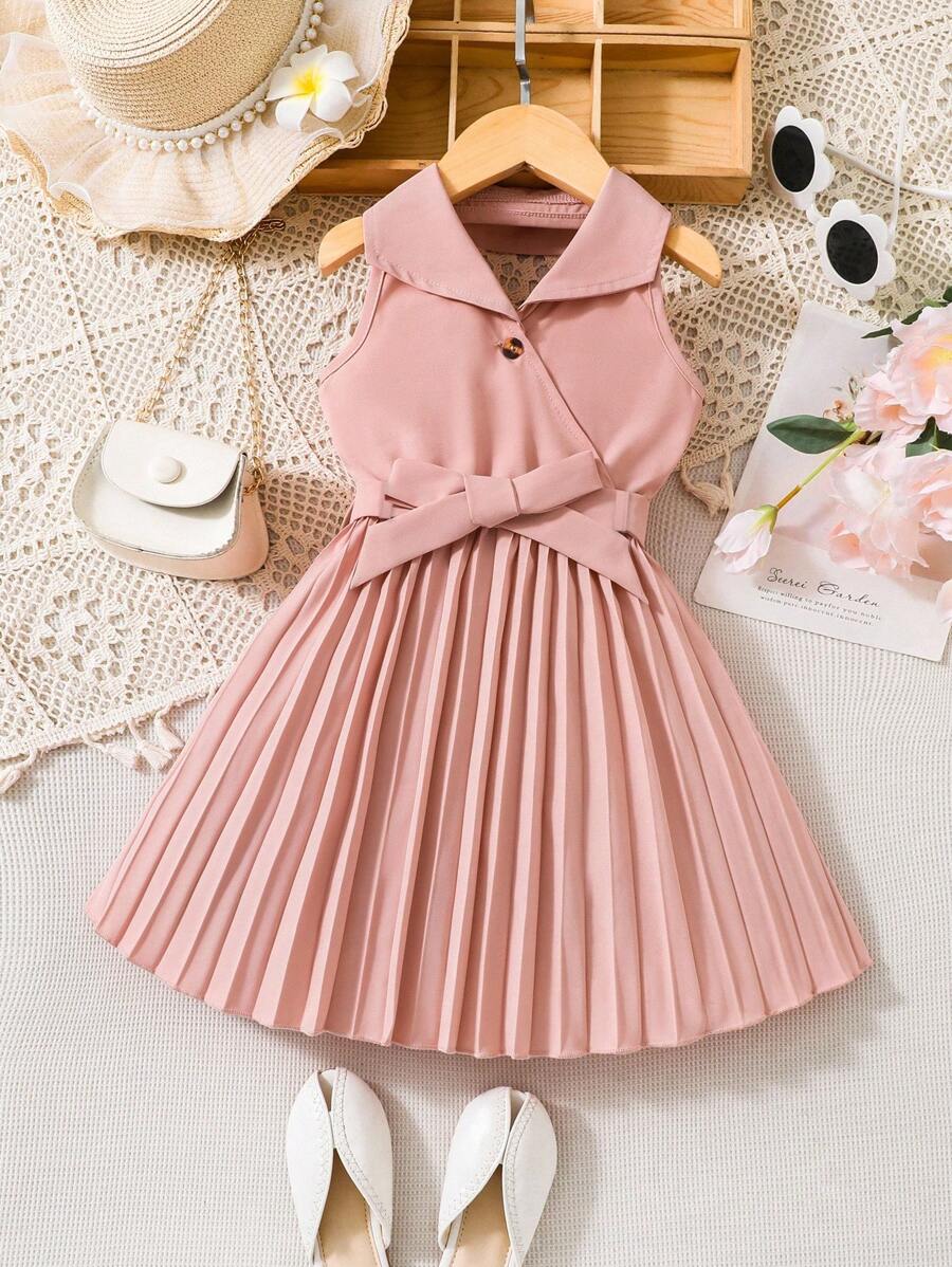 SHEIN Elladie kids Young Girl Pleated Hem Belted Halter Dress - Baby Pink - View 1
