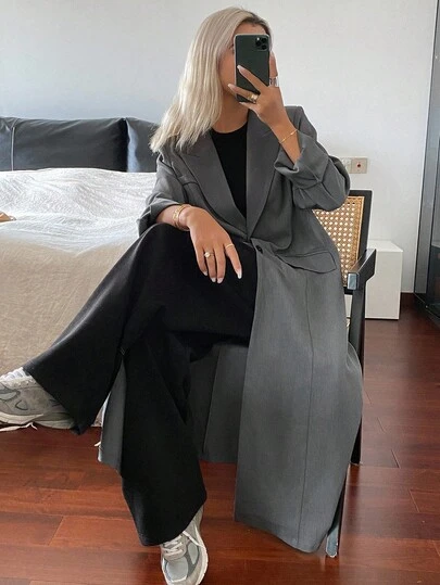 Livesso 女士长款纯色翻领长袖休闲西装外套商务装