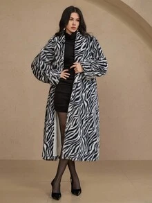 DAZY Zebra Print Thermal Lined Thick Warm Long Faux Fur Coat For Women - Black and White - View 10