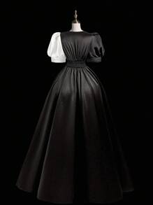 SHEIN PETITE CURVE 色块拼接优雅精致腰部收紧短袖连衣裙 - 黑與白 - 查看 2