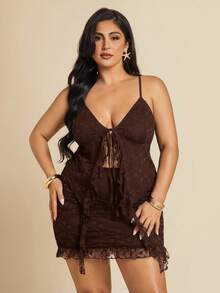 SHEIN BAE 大码女式蕾丝荷叶边吊带背心和百褶迷你裙两件套，春夏 - 咖啡棕 - 查看 5