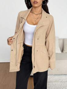 SHEIN EZwear Women's Solid Color Drop Shoulder Long Sleeve Single-Breasted Casual Regular Jacket, Fall Women Clothes - Khaki - View 3
