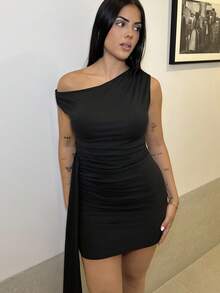 Women's Summer Solid Oblique-Shoulder Asymmetrically Ruched Bodycon Mini Dress With Draped Straps,Summer Dresses
Spring Clothes - View 2