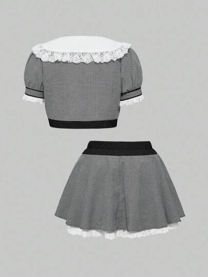 J-Fashion Conjunto de minifalda con detalles de corazón y lazo, estilo universitario, con estampado de pata de gallo y bloques de color, tallas grandes para mujer