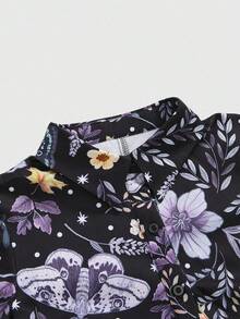 ROMWE Fairycore 复古田园风格植物与飞蛾印花束腰女式衬衫裙，夏季 - 黑色 - 查看 3