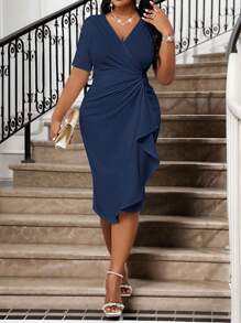 SHEIN Lady 春夏优雅复古工作婚宴情人节新年派对针织深V领水钻荷叶边新款修身连衣裙大码礼服正式舞会礼服大码连衣裙 - 藏蓝色 - 查看 5