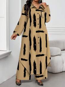 SHEIN Lady Xuân Hè Thu Đông Thường Ngày Thanh Lịch Công Sở Nhiều Màu Sắc Áo Sơ Mi Cổ Chữ V Tay Áo Có Túi Dài Tay Dài Cỡ Lớn Phối Đồ Đi Nghỉ Bộ Hai Mảnh Trang Phục Đi Nhà Thờ Nữ Trang Phục Công Sở Cho Nữ Trang Phục Mùa Hè Cho Nữ, Trang Phục Mùa Hè 2 Món - Màu Khaki - Xem 3