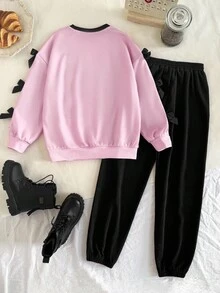 SHEIN 青少年女孩宽松休闲简约舒适圆领长袖拼色运动衫和慢跑裤套装 - 粉色 - 查看 3