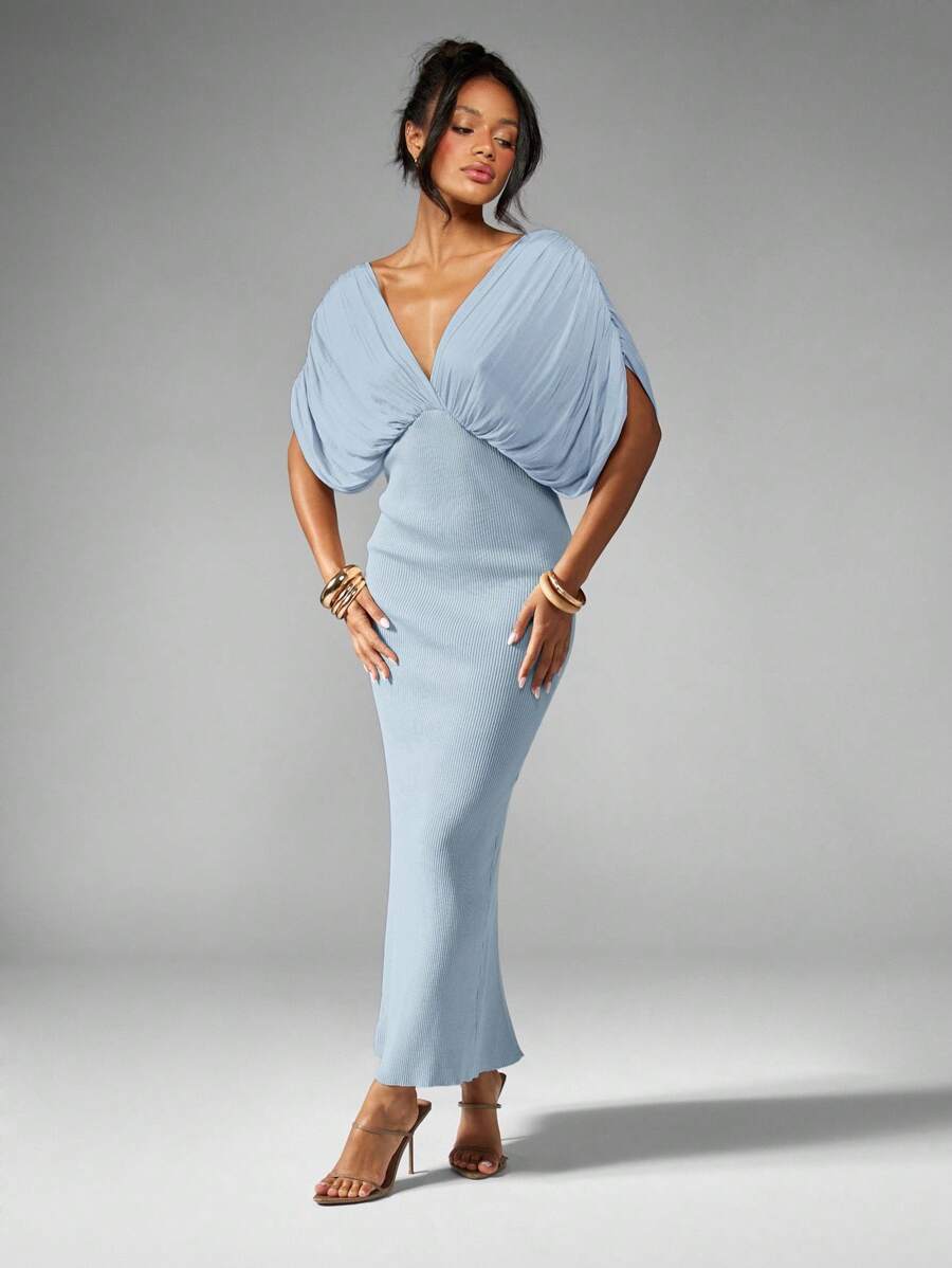 emerald green wedding dress plus size Women's V-Neck Empire Waist Maxi Dress with Extended Sleeves