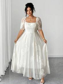 Elenzga 大码女式长裙，修腰喇叭下摆，优雅精致，刺绣方领泡泡袖时尚连衣裙 - 白色 - 查看 4