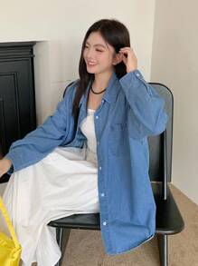 Dazy Plus Plus Size Loose Turndown Collar Long Sleeve Denim Shirt, Spring & Autumn,Jeans Jacket,Fall Women Clothes - Medium Wash - View 6