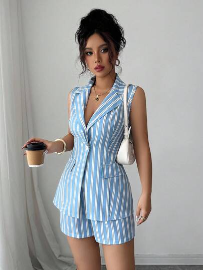 SHEIN PETITE Women's Striped Vest & Shorts Suit Set