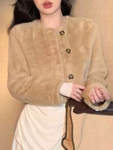 DAZY Casual Versatile Solid Color Fluffy Short Jacket, Autumn/Winter Women Coats - Khaki - View 6
