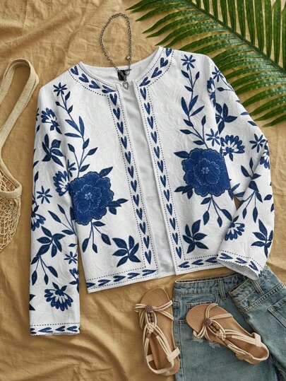 Travachic Women's Multicolor Round Neck Short Coat In Boho Style With Long Sleeves Flower Tops For Women Floral Cardigan Fall Outfits Women Winter Clothes For Women