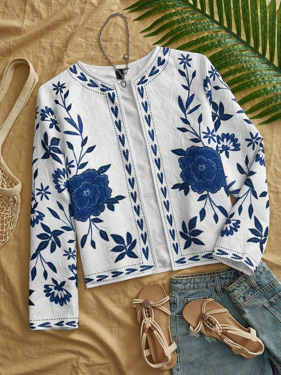 Travachic 度假印花梭织长袖女式常规夹克、秋季女装、秋装、复活节、节日服装、女士沙滩装、女士度假服装、女士音乐会服装、波西米亚风、波西米亚风、音乐节、热带度假女装、浪漫、秋装、冬装、圣诞服装、女士外出上衣、外出上衣、休闲、可爱 - 彩色 - 查看 1