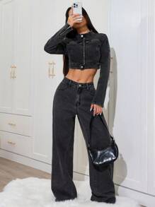 SHEIN PETITE Fashionable Casual Washed Cropped Denim Jacket