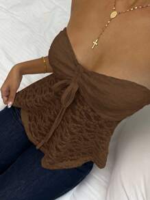 CovetEZ Women's Solid Color Textured Fabric Drawstring Detail Bandeau Top Brown Lace Top Brown Strapless Top - Brown - View 3